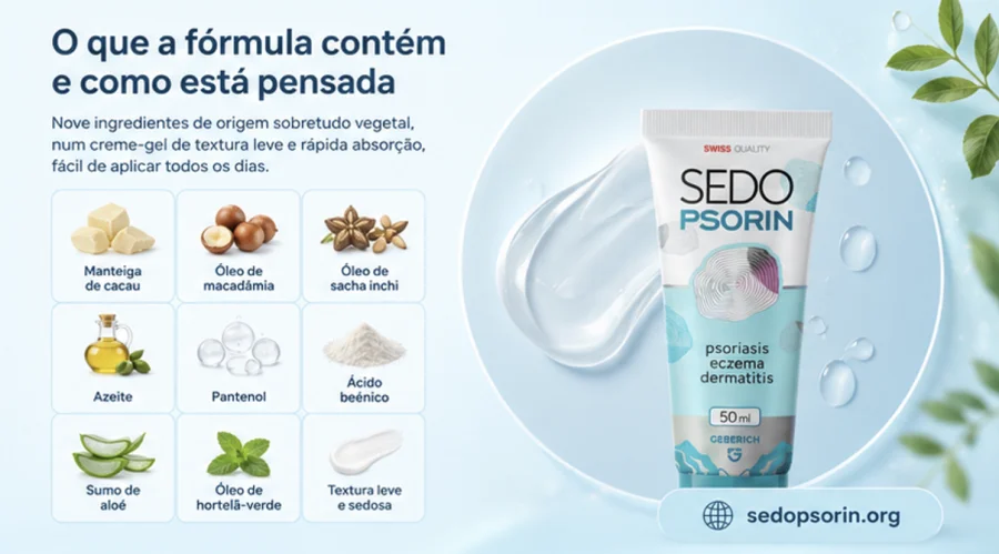 Sedopsorin — fórmula com manteiga de cacau, óleos vegetais, pantenol e aloé